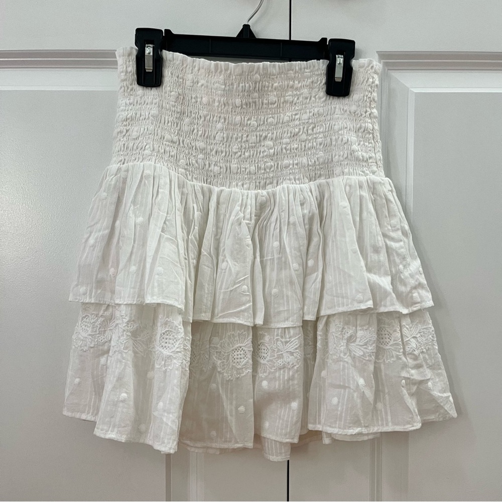 Jcrew White Smocked Tiered Mini Skirt with Dot and Flower Embroidery